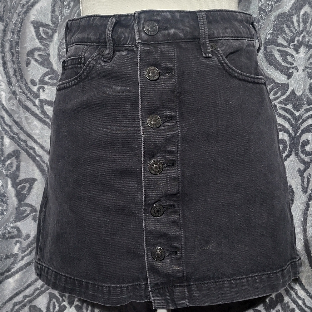 Black Denim Button-Front Skirt